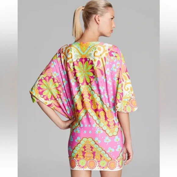 Y2K Trina Turk V-Neck Woodblock Floral Swim Cover-Up Dress - Picture 6 of 13